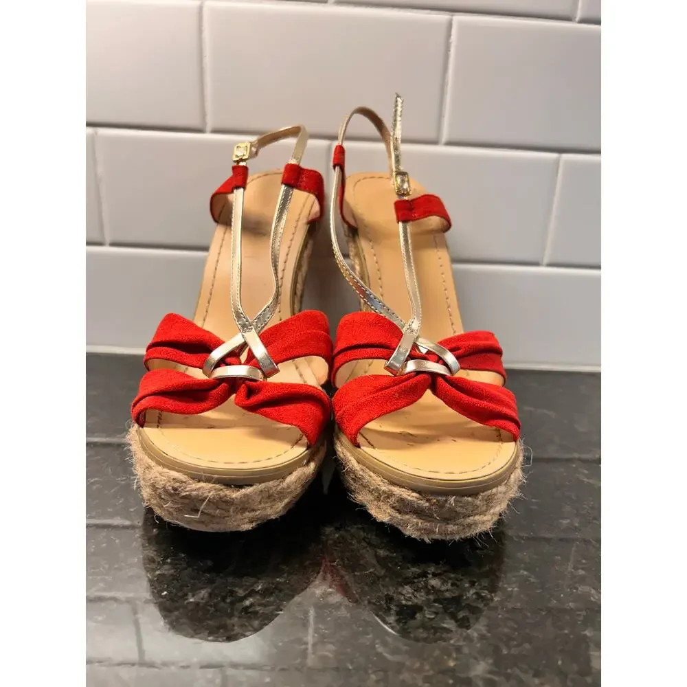 Colin Stuart Suede Espadrille Heel Wedges Sandals Bohemian Tomato‎ Beige SZ 7.5B